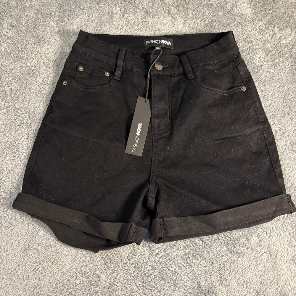 Fashion Nova Alejandra High Rise Booty Lifter Denim Shorts Black Size 7 NWT